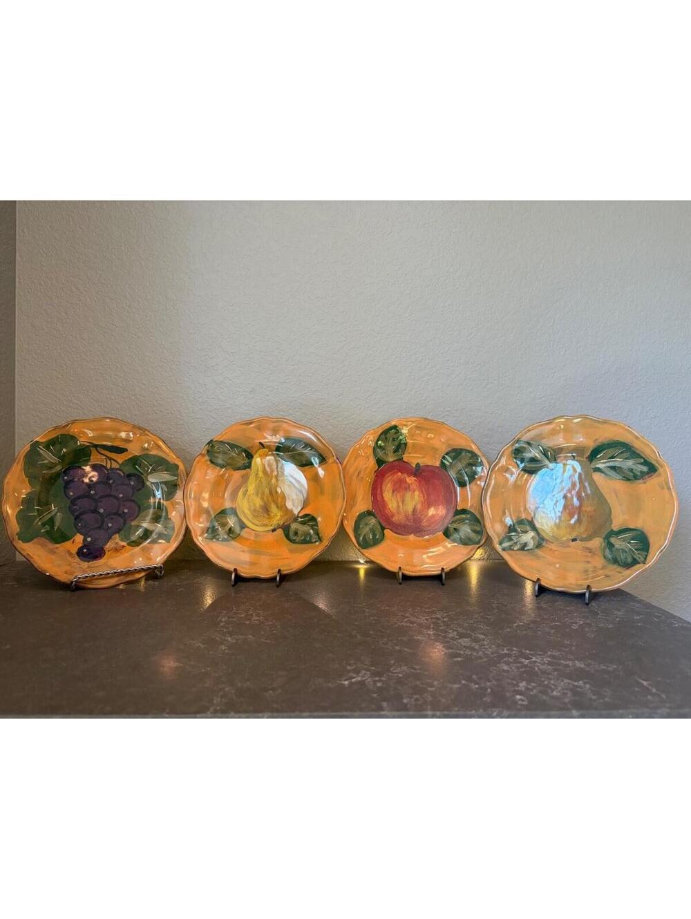 Arte Italica Handpainted 8" Fruit Dessert Plates Plum Pear Grape Set Made Italy